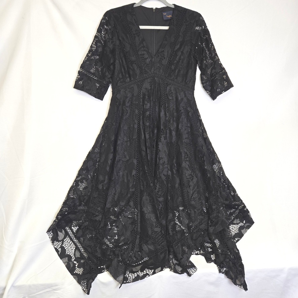 Just Taylor Black Lace Whimsigoth‎ Witchy Midi Dress, Handkerchief Hem, 2